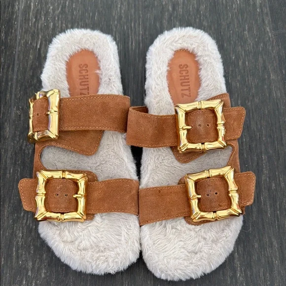 SCHUTZ  Enola Tan and Gold Fur-Lined Slides - Picture 5 of 7